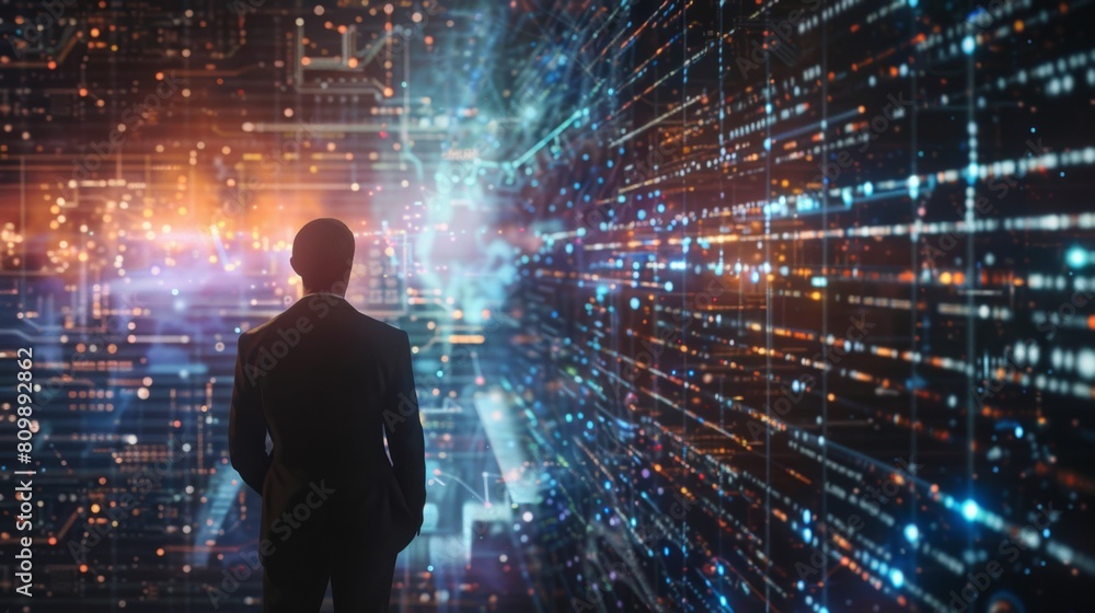 Leinwandbilder a businessman analyzing a holographic projection of a complex business graph, exploring different sc