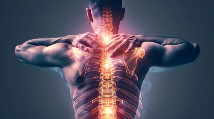 Fototapeta premium Spinal health visualization. Man experiencing back pain with glowing depiction of spine, emphasizing complex structure and vulnerability of spinal region to injuries and strain.