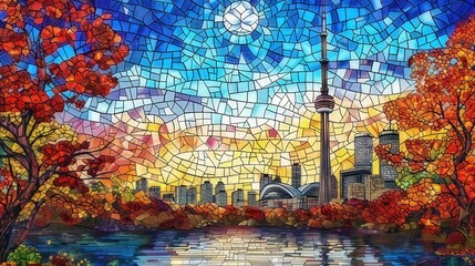 tv tower Mosaic , nature and city scape, Stained Glass Illusion 
