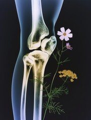 X-ray of a knee with flowers growing out of it. Harmony of nature and anatomy