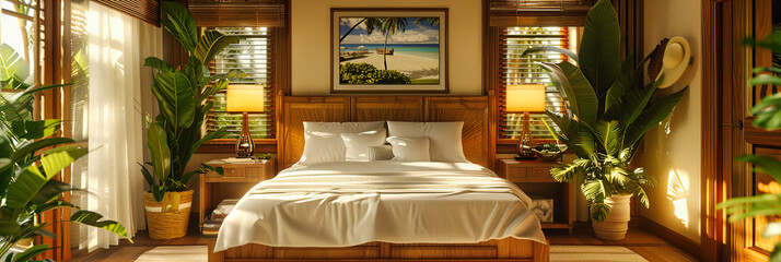 Tropical Hotel Room with Elegant Bedding and Natural Decor, Luxury Resort Atmosphere with Beautiful Views