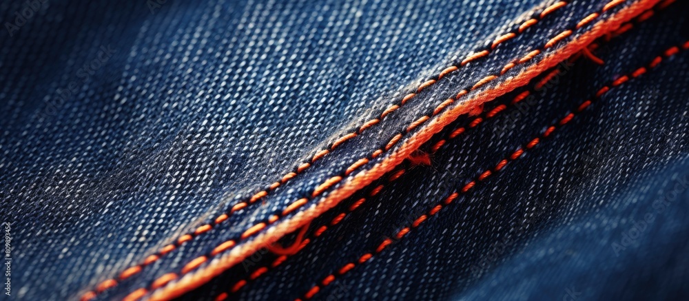 Aufkleber close up of a stitched denim jeans background with a double denim orange seam creating a fashionable