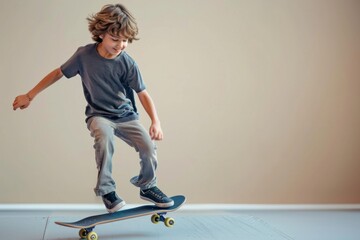 A boy does a trick on a skateboard against a wall background.