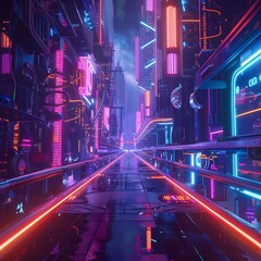 A futuristic neon landscape with abstract shapes and vibrant lines in a city setting, captured with...