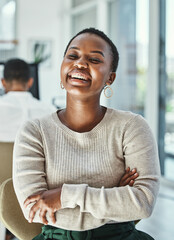 Portrait, business and black woman with arms crossed, funny and confidence in modern office....