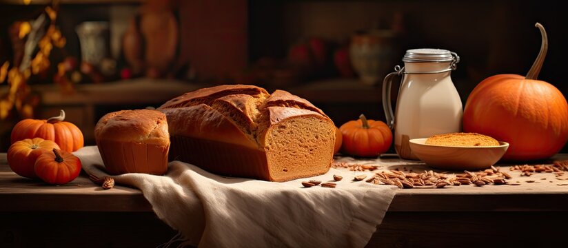 A home bakery showcasing a delicious pumpkin bread in a copy space image