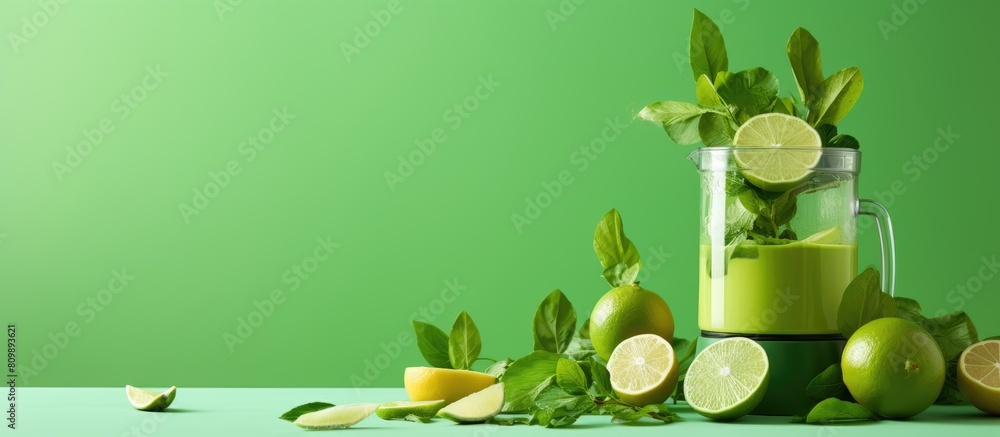 Poster a vibrant background showcases a copy space image featuring a collection of fresh lime a shaker a ju