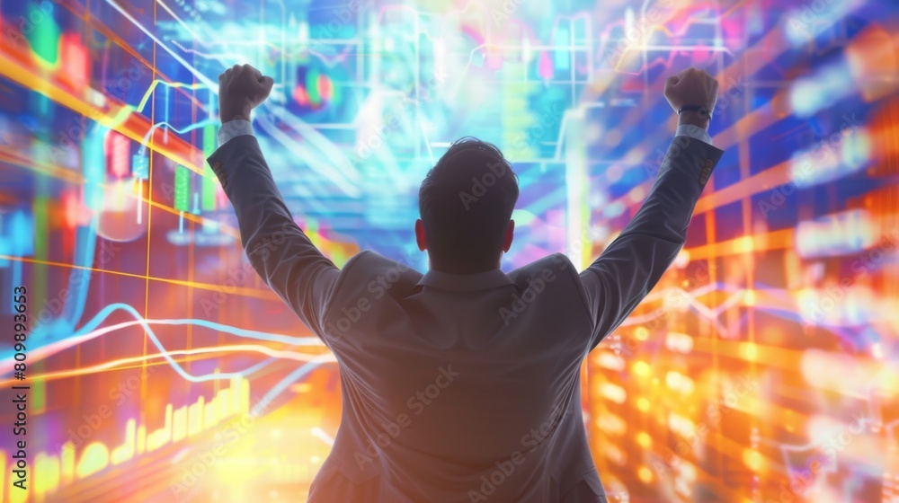 Poster a businessman celebrating success with arms raised while looking at a computer screen displaying pos