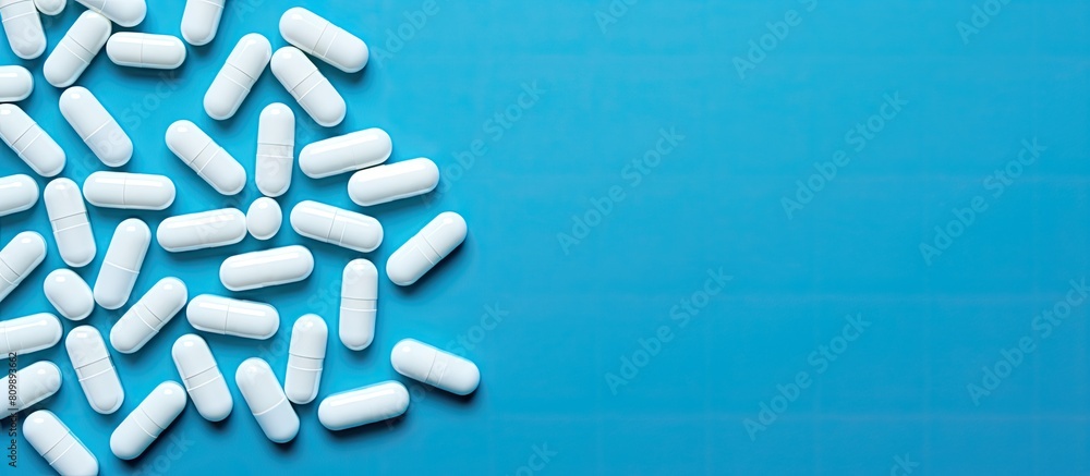 Poster Pills neatly arranged on a vibrant blue background providing ample copy space for additional content