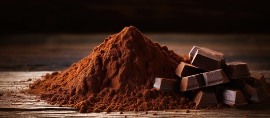 Close up image of cocoa powder and dark chocolate arranged on an aged wooden table creating an enticing composition with ample copy space