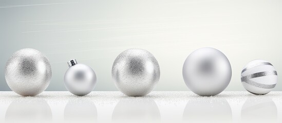 A copy space image of three silver Christmas balls with glitter stripes placed on a white table against a light gray wall