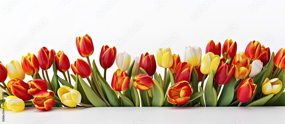 Poster a copy space image featuring a stunning collection of red and yellow tulip flowers set against a cle