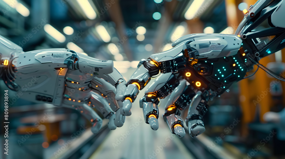 Poster in the future, robots or cyborgs with artificial intelligence will control manipulator arms on facto