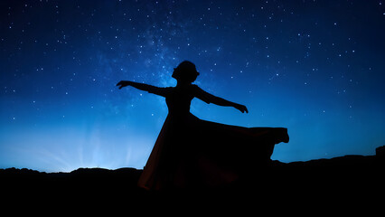 Celestial Soiree: Woman Dances in Flowing Dress Beneath the Stars. generative AI