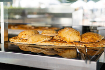 Turkish pitta. Close up of special Turkish Pita. Traditional Turkish food in a glass case.