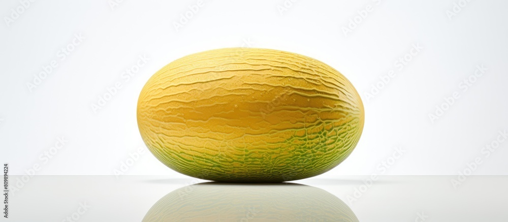 Poster A single Galia Melon Charentais positioned alone and reflected on a pristine white background creating a copy space image