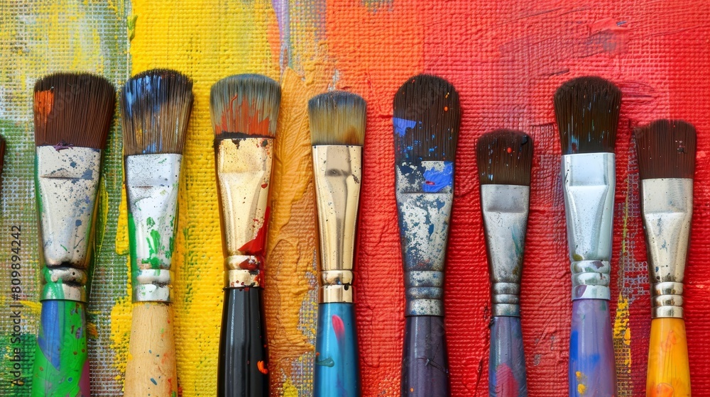 Poster close-up of artist paintbrushes in a row on artistic canvas with vibrant colors and texture