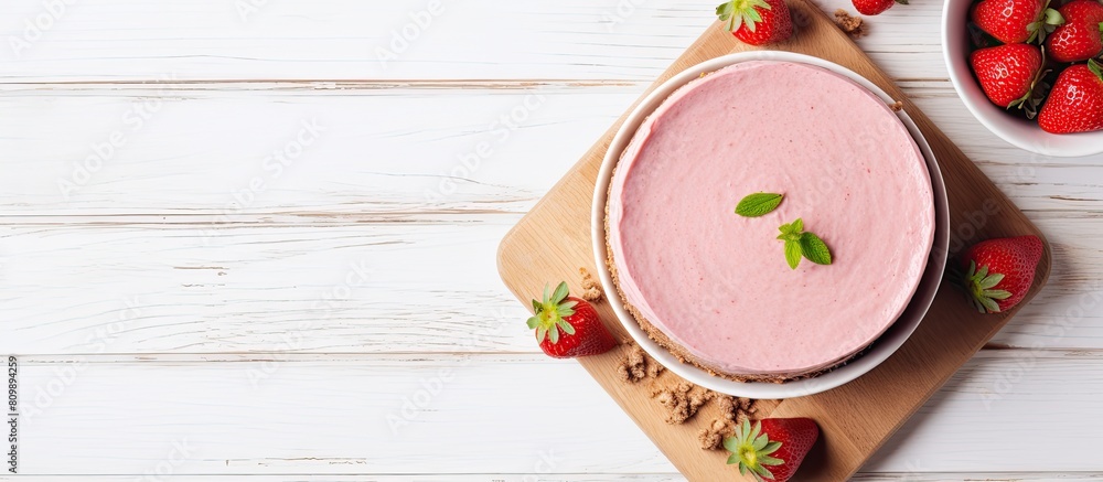 Poster a piece of raw vegan strawberry cashew cake on a napkin placed on a white wooden surface is shown fr
