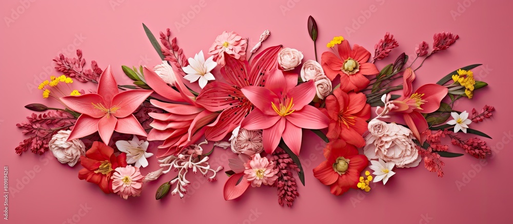 Poster A floral arrangement with red Flam boyant flowers on a pink backdrop creating a pattern The image has copy space and represents the concepts of Easter spring and summer The view is from above in a fl