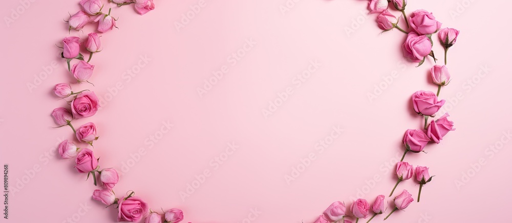 Leinwandbilder top down view of a pink background adorned with a round frame crafted entirely from rose flower buds