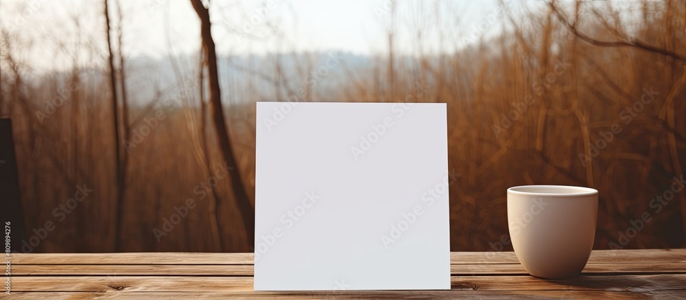 Poster a blank sheet of paper is positioned on a wooden surface creating a copy space image with a softly b