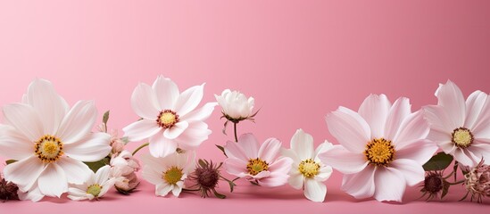 A copy space image of pink and white flowers against a pink backdrop