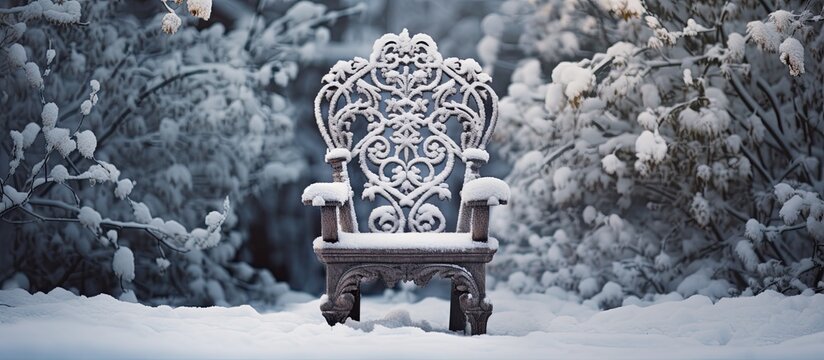 A garden chair with intricate ornamentation covered in snow making for a picturesque copy space image
