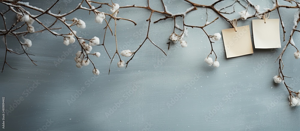 Poster Nature inspired New Year concept with a flat lay composition featuring tree branches adorned with paper card notes creating a Christmas themed background with copy space image