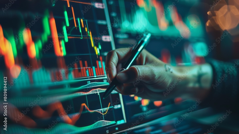 Poster a businessman studying stock market graphs and financial reports with a pen in hand, highlighting ke