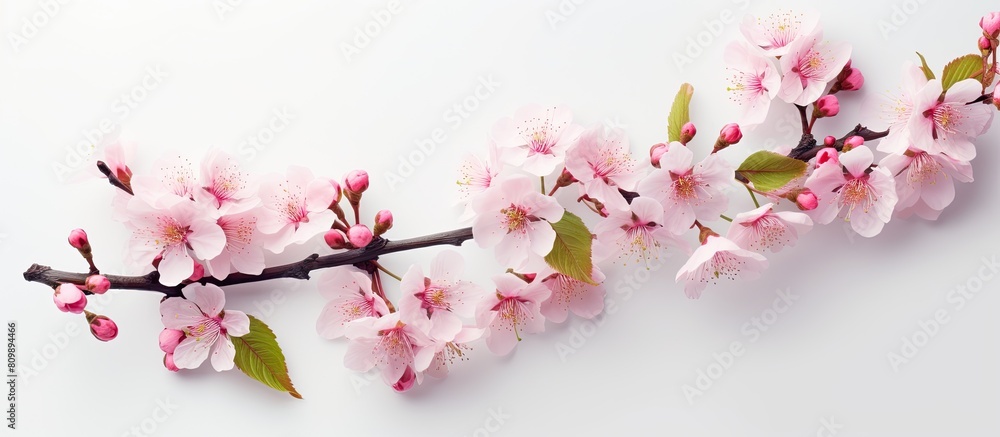 Leinwandbilder Flat lay image of a cherry tree branch adorned with exquisite pink blossoms set against a light background Ideal for adding text. Creative banner. Copyspace image