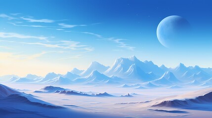 Blue and white moon and snowy mountains illustration poster background