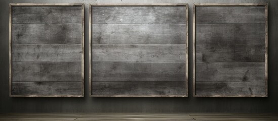 A gray weathered wooden backdrop with three blank frames nailed onto it Copy space image