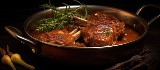 Braised lamb shanks in a copper pan with a beautiful copy space image