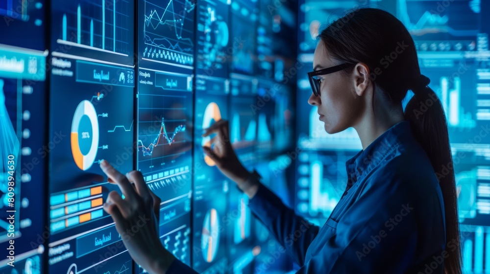 Poster a woman standing and closely examining a digital display showing various data sets and statistics.