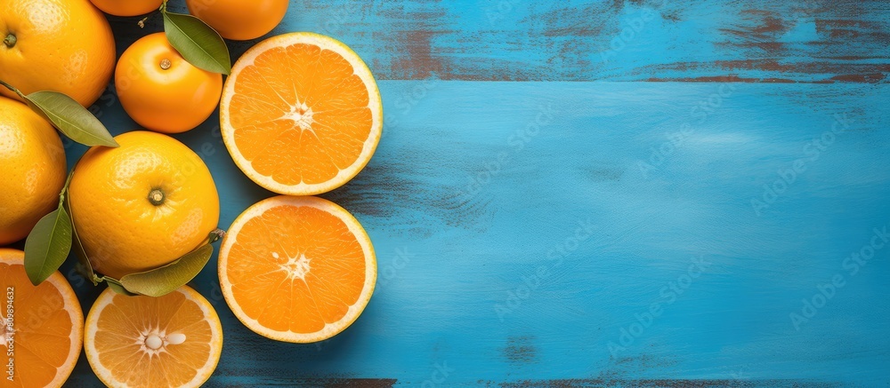 Poster a top down view of ripe juicy oranges the oranges have been cut in half and are displayed on a blue 