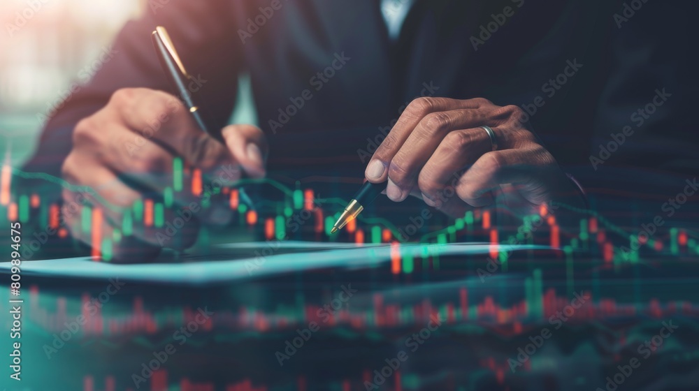 Poster a businessman studying stock market graphs and financial reports with a pen in hand, highlighting ke