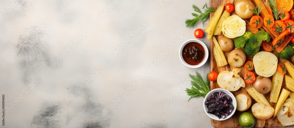 Poster this is a top view image featuring a healthy artichoke dinner made with olive oil potatoes carrots a
