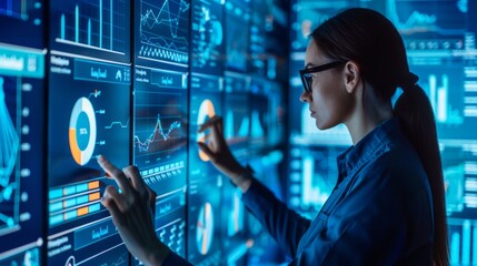 A woman standing and closely examining a digital display showing various data sets and statistics.