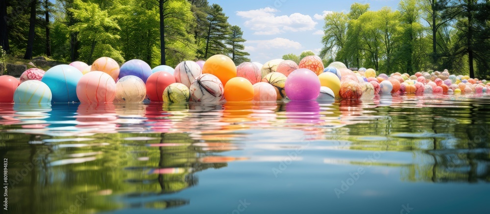 Poster The pond is filled with a variety of pastel colored balls creating a captivating and vibrant display. Creative banner. Copyspace image