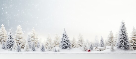 Fototapeta premium Festive card with a Christmas background featuring fir tree decorations on a white wooden background offering copy space for creative use