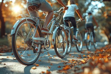 A vibrant autumn scene showcasing three individuals riding bicycles along a tree-lined path covered with fallen leaves. The sunlight casts warm tones across the scene. - Powered by Adobe