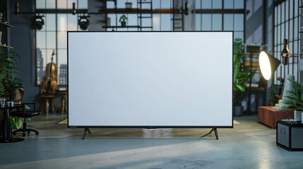 A professional studio setting featuring a front view of a large white blank TV screen with a virtual studio background.