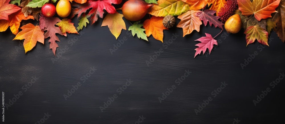 Poster top view of an autumn composition featuring colorful leaves arranged on a blackboard copy space is a
