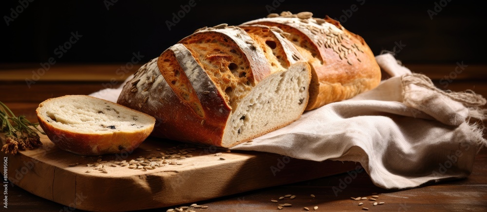 Poster Homemade artisan bread with five seeds displayed in a copy space image
