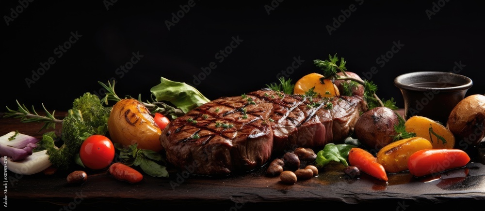 Aufkleber A delectable grilled steak and vegetables are presented on a rustic slate plate resting on a table providing ample copy space for any desired image