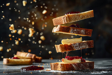 Floating slices of bread with butter and jam spreading in mid-air, Flying Food shot, studio...