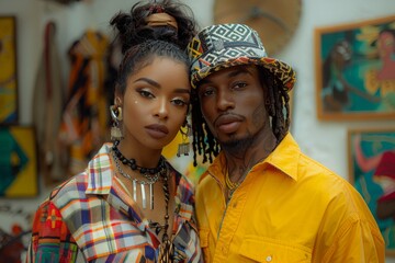 Fototapeta premium An African couple dressed in vibrant traditional attire pose confidently in an art gallery filled with colorful paintings.