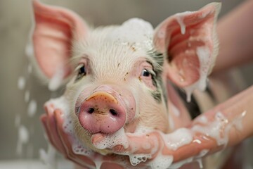 Detailed view of a pig enjoying a shampoo session