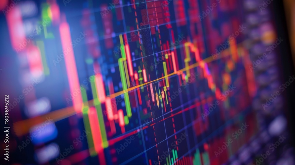 Aufkleber A close-up of a computer screen displaying live stock market graphs and candlestick charts, symbolizing active trading and investment.