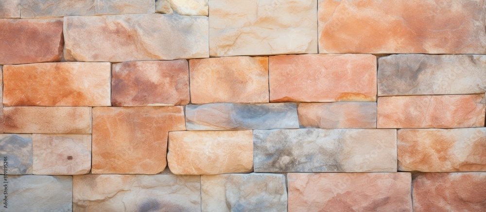 Poster Close up of a stunning colorful stone wall with stucco and paint The background has a peachy orange and gray texture providing ample copy space